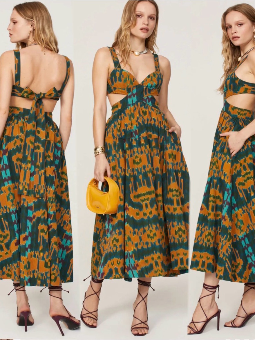 Ulla Johnson Sarika Dress Cutout Ikat-Print Midi Dress In Teal And Mustard Sz 2.